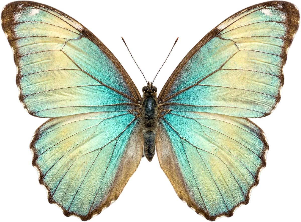 Papillon aux ailes turquoise et jaune pâle, ailes grandes ouvertes